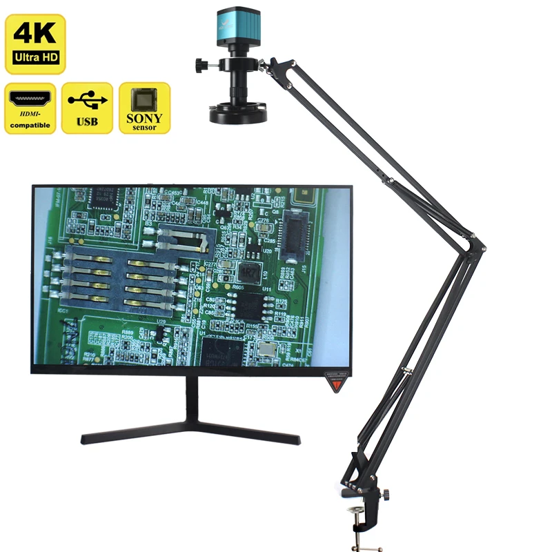 48MP 4K 1080P HDMI USB Industrial Video Digital Microscope Camera 130X Zoom C Mount Lens Cantilever stand For Repair Soldering