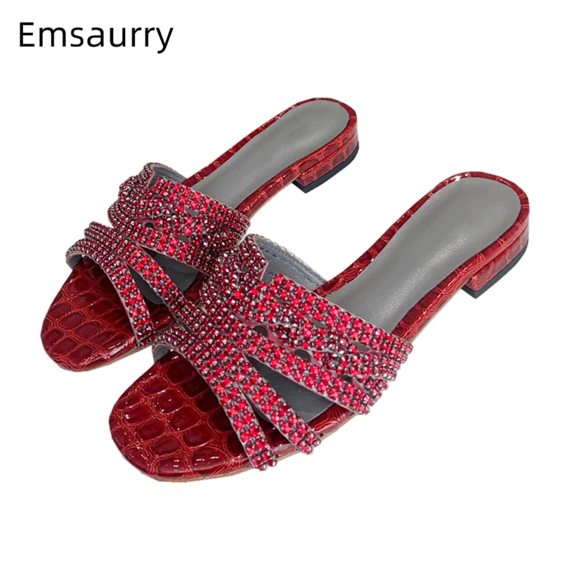 

Jeweled Crystal Modern Slippers Women Stone Grain Flat Heel Slip-on Outwear Summer Shoes For Girls 2024