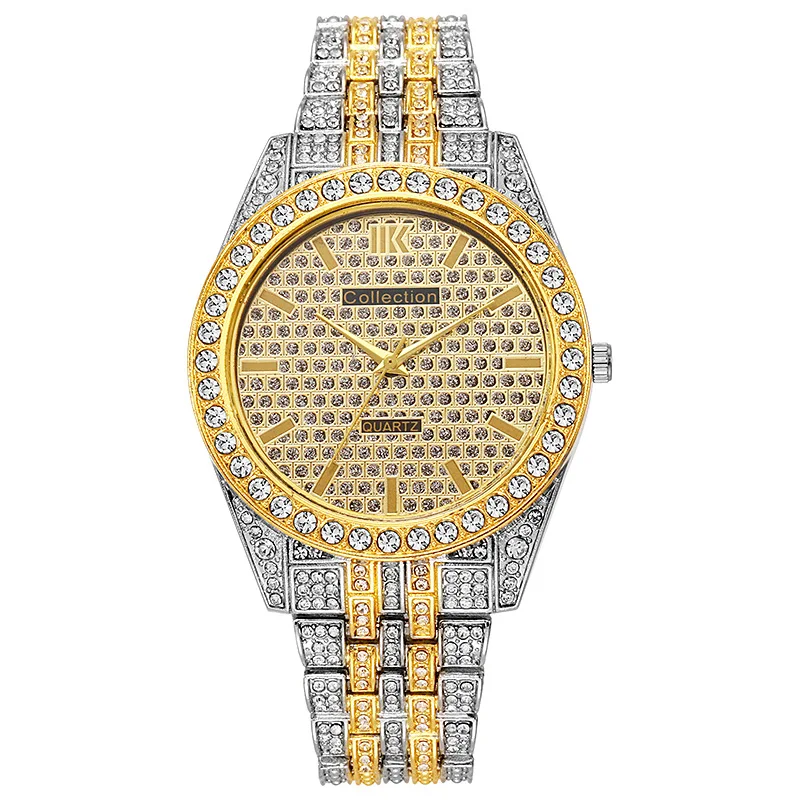 Luxo hip hop aço inoxidável cor de ouro calendário relógio para homem gelado para fora pavimentado strass relógio masculino reloj hombre