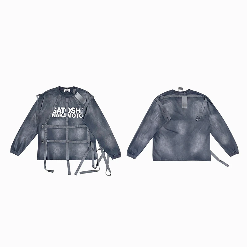 Men Women Satoshi Long Sleeve Tops Ribbon Logo Splicing Washed Gradient Color Street Casual Outdoor T‑Shirt