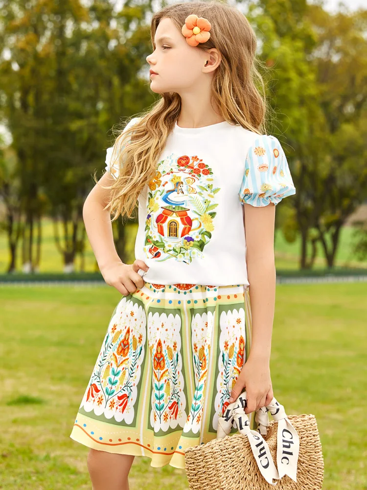 Summer skirt  set short-sleeved T-shirt cartoon printed top with skirt