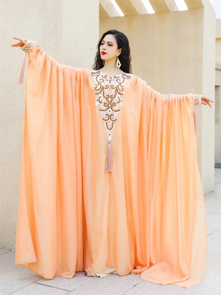 Elegant Traditional Khaleeji Thobe Dress Chiffon Belly Dance Outfit Kaftan Dress Rhinestone Beads Competition Khaleegy Costume