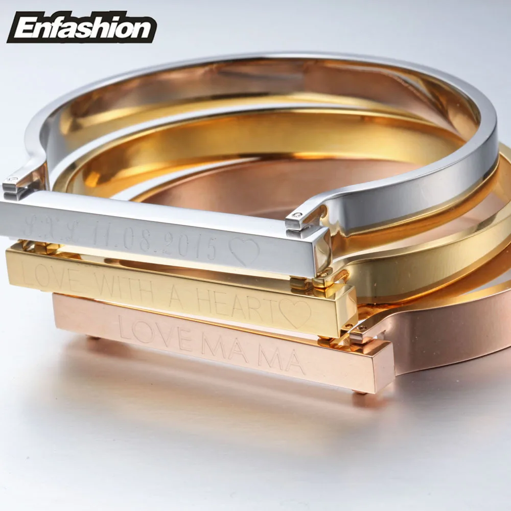 Enfashion Personalized Custom Engrave Name Flat Bar Cuff Bracelet Gold Color Bangle Bracelets For Women Bracelets Bangles