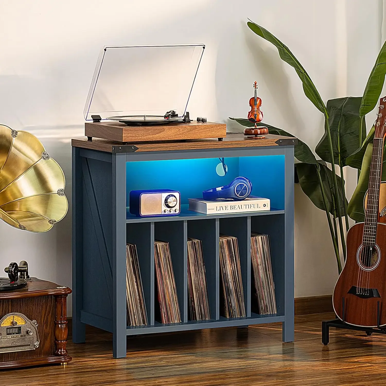 [وصول جديد، شحن مجاني! ]حامل مشغل تسجيل كبير مع قاعدة شحن وأضواء LED وخزانة حامل تخزين سجلات الفينيل