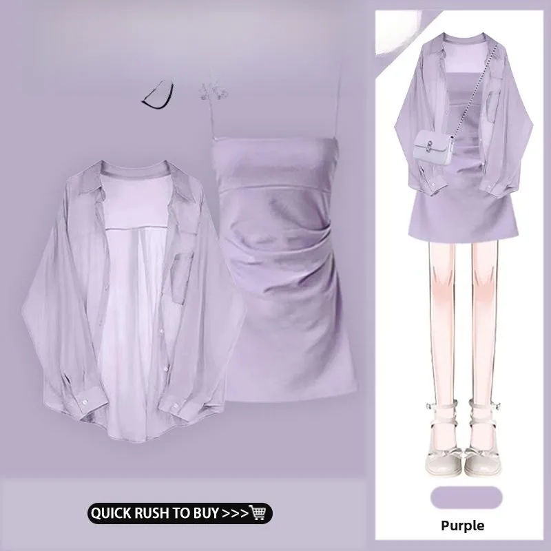 

Spring 2026 Slim Fit Neck Sun Protection Shirt And Dress Two Piece Set Women's Fashion Ensemble Short Sleeve Long Sleeve