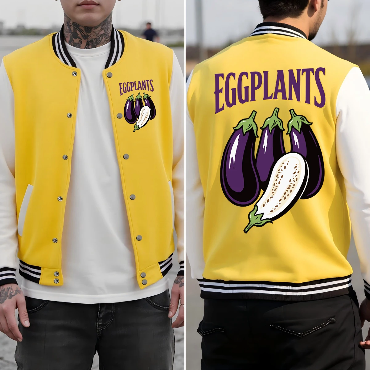 

Fresh Vegetables Eggplants Printing Baseball Uniform Men Soft Loose Clothes Autumn Colorful Streetwear Cotton Man Jacket