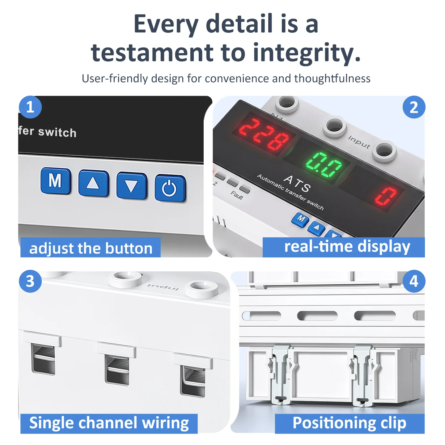 63A Single Phase PC ATS Automatic Transfer Switch Digital Voltage/Current Display High Efficiency 2-Pole 6kA Breaking