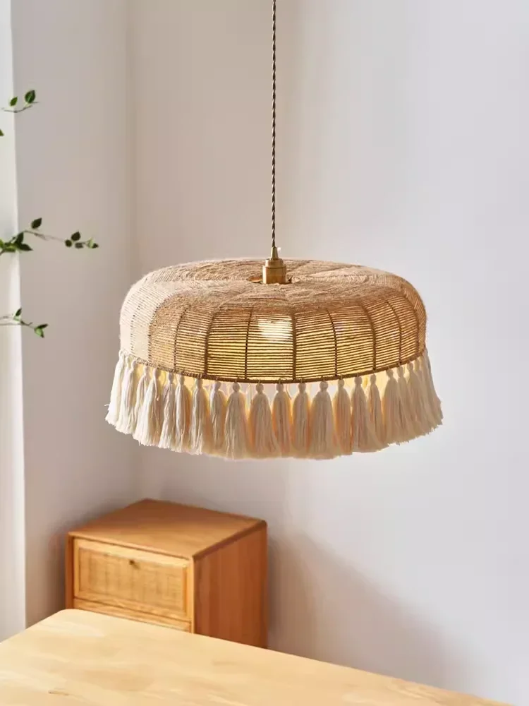 Nordic Hand-Woven Rope Wabi Sabi Chandelier Dining Room Study E27 LED Suspend Lamp Kitchen Island Cafe Bar Pendant Light Fixture