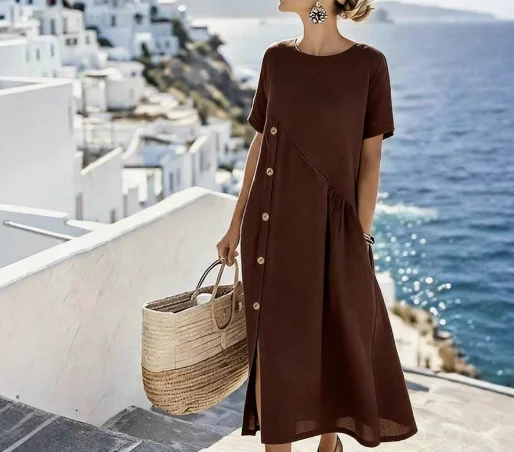Women's Dress 2026 Spring Summer New Solid Color Round Neck Pocket Design Short Sleeve Loose Casual Simple T-Shirt Dress