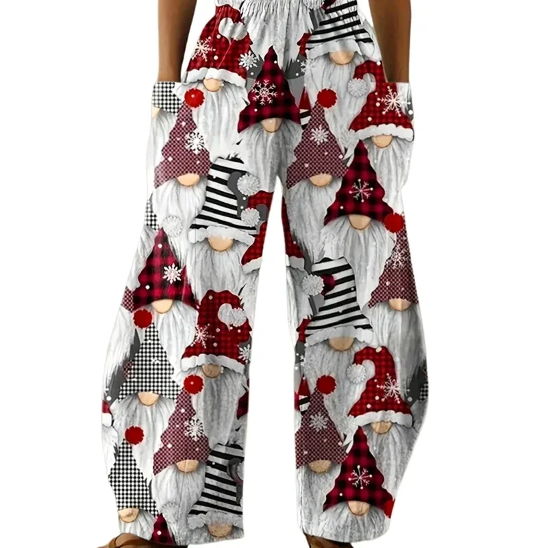 Women Plus Size 1XL-5XL Fashion Casual Loose Christmas Printing Long Wide Leg Yoga Pants Pocket Lounge Pants Pajama Pants