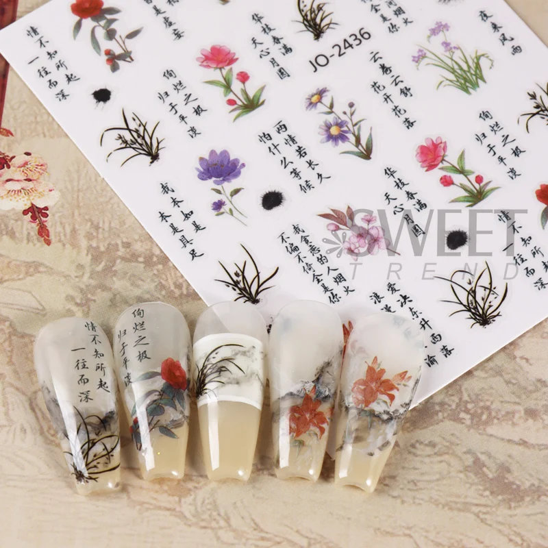 Chinese Characters Nail Stickers Flowers Bamboo Leaf Sliders Moutain Crane Birds Letters Decals Japanese Manicure Decorations