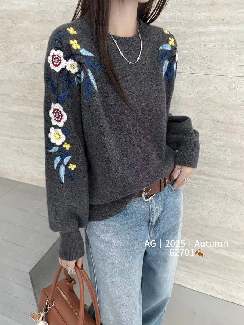 

Женский осенний пуловер с круглым вырезом и цветочной вышивкой, свободный и универсальный базовый вязаный топ