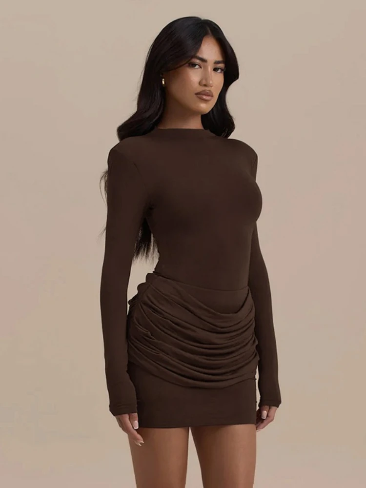 Mode Sexy à manches longues froncé robe courte Streetwear 2025 automne femme vêtements moulante paquet hanche solide fête Club robes