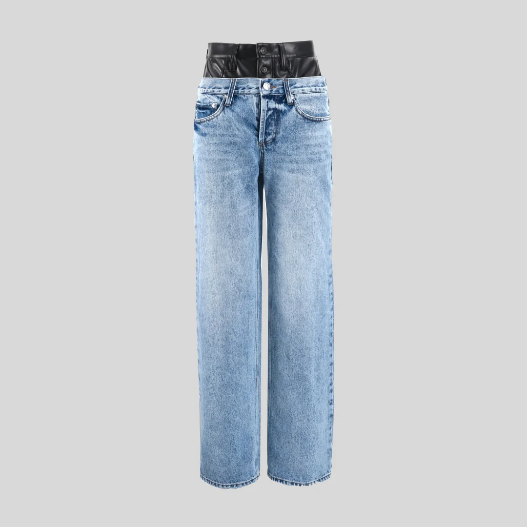 2026 Damen-Jeans mit doppelter Taille und hoher Taille, 100 % Baumwolle, lockere Passform, lange Hosen, neue modische Hosen-BH mit geradem Bein