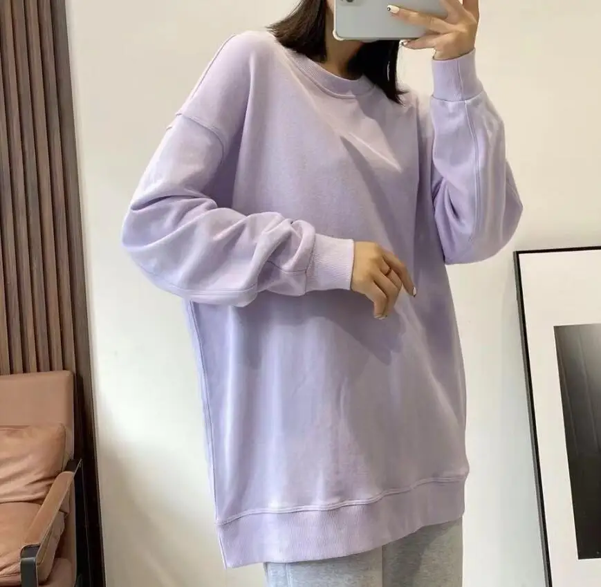 2024 New Women Loose Pullover Solid Color Long-sleeved Hoodie Tops