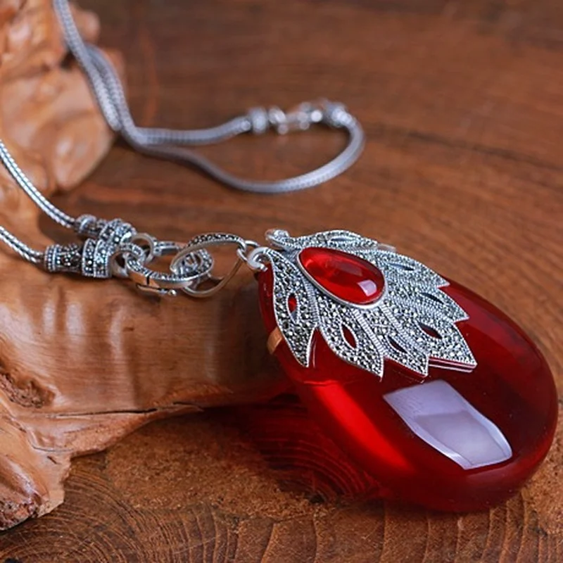 High Quality Bohemia 925 Sterling Silver Necklace Natural Stones Red Garnet Big drop Pendant with Chain Maple Leaf Women Jewelry