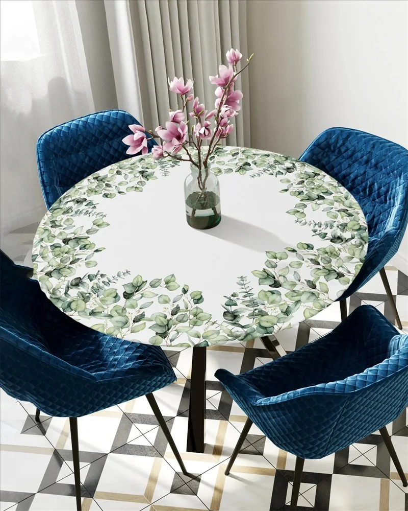 Eucalyptus Leaves Plant Round Elastic Edged Table Cover Protector Cloth Waterproof Polyester Rectangle Fitted Tablecloth