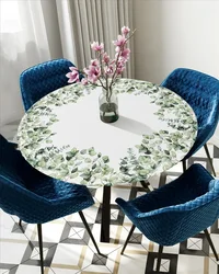 Eucalyptus Leaves Plant Round Elastic Edged Table Cover Protector Cloth Waterproof Polyester Rectangle Fitted Tablecloth