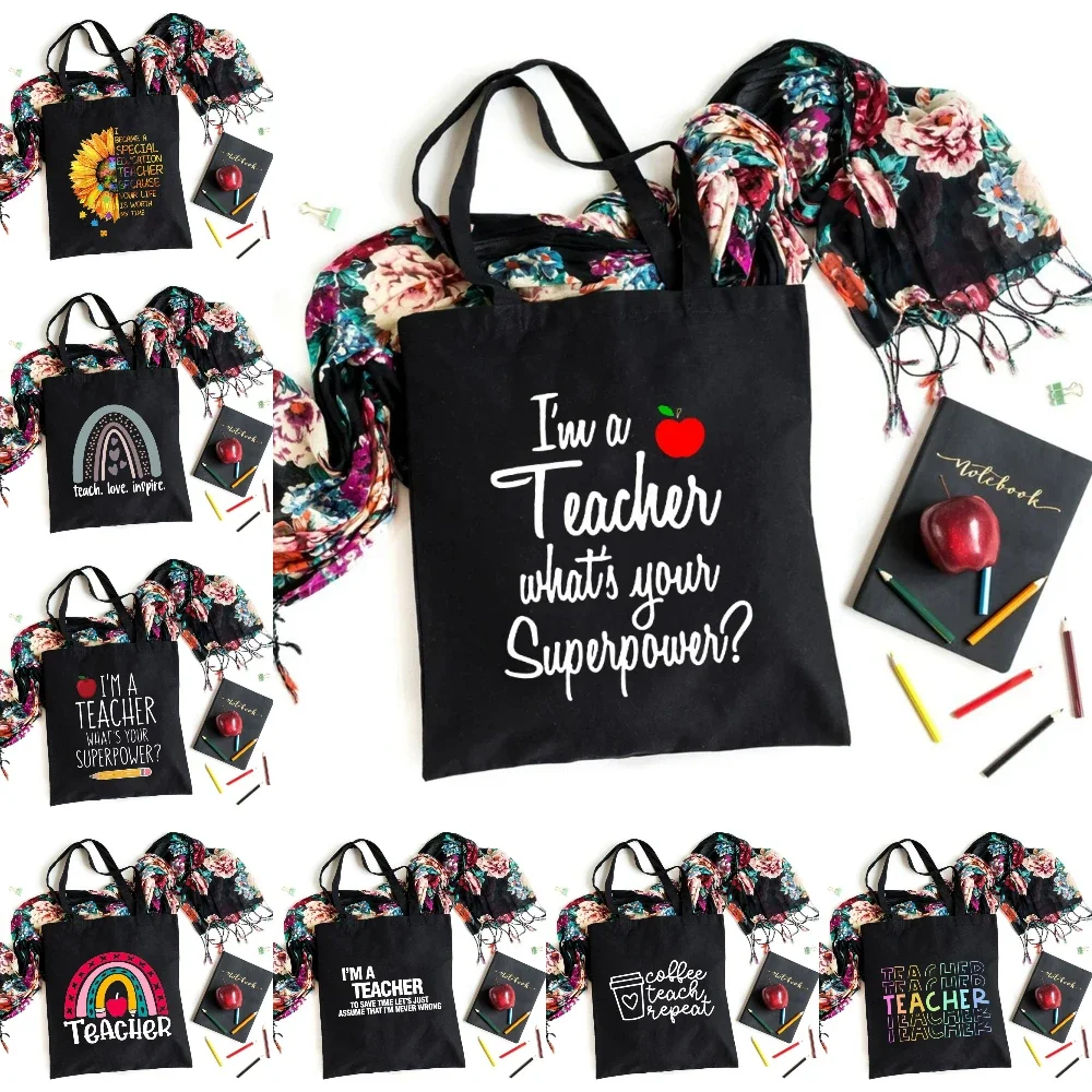 

1pc Fun "I Am A Teacher" Black Theme Canvas Bag Commute Tourism Learn Large Capacity Shopper Bag Yoga Tote Bag Eco