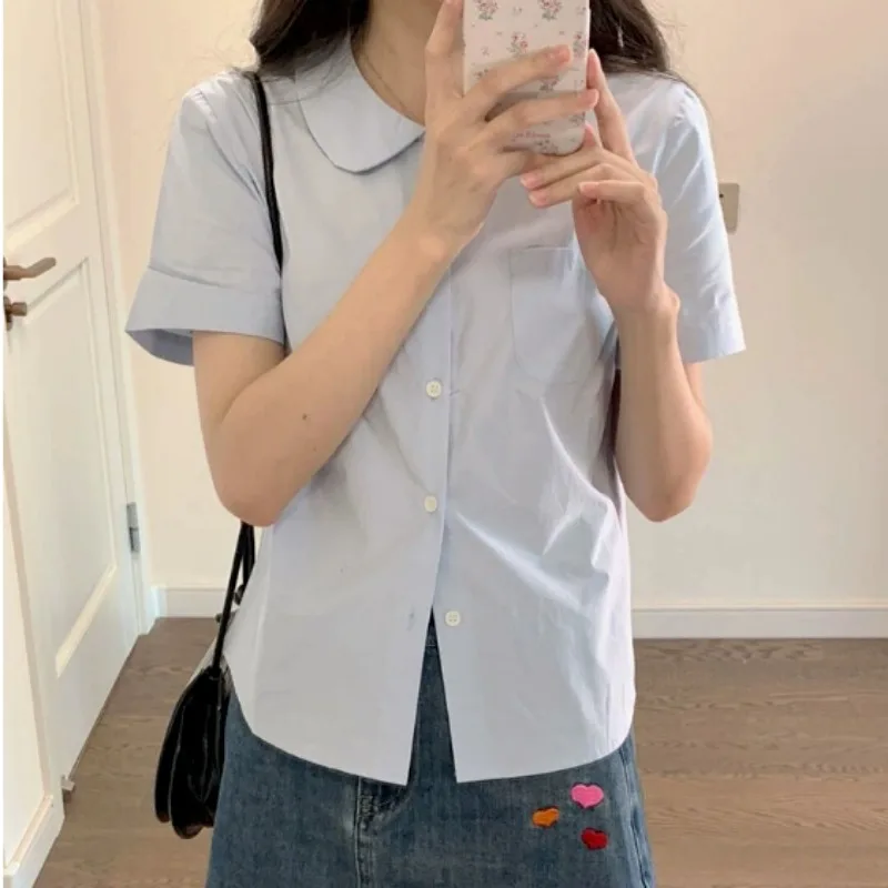 Casual Shirts and Blouses for Women Fashion Short Sleeve Top 2000s Y2k Pocket Shirts Korean Style Elegant and Youth Blouses 2024