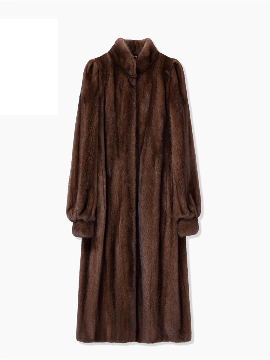 Lautaro Winter Long Luxury Elegant Stylish Thick Warm Fluffy Soft Brown Faux Mink Fur Coat Women Puff Sleeve Stand Collar 2025
