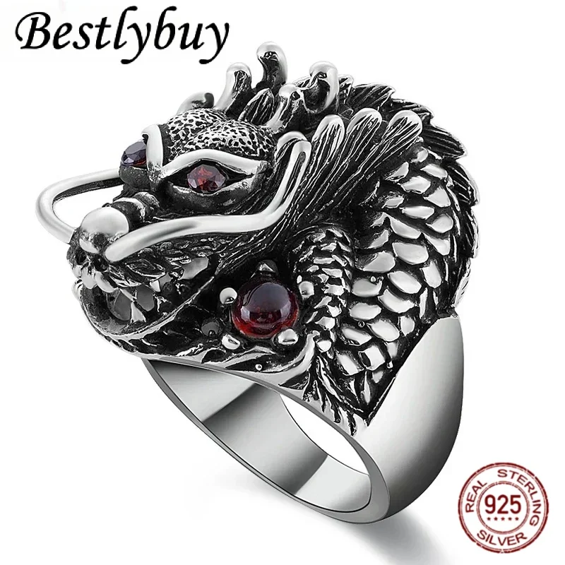 100% 925 Sterling Silver Red Zircon Eye Domineering Dragon Ring For Men Retro Thai Silver Personalized Hip-hop High-End Jewelry