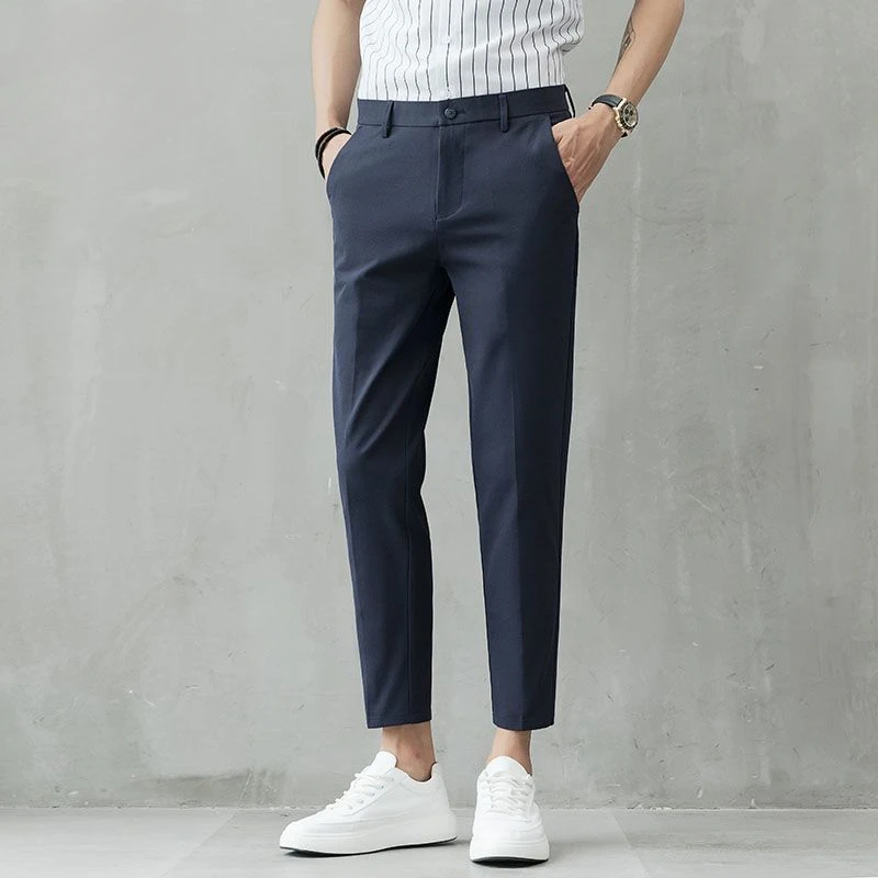 

Tressed Office Trousers For Men Slim Fit 9 Cropped Blue Man Suits Pants Work Classic Spring Clothes Clothing Premium Up