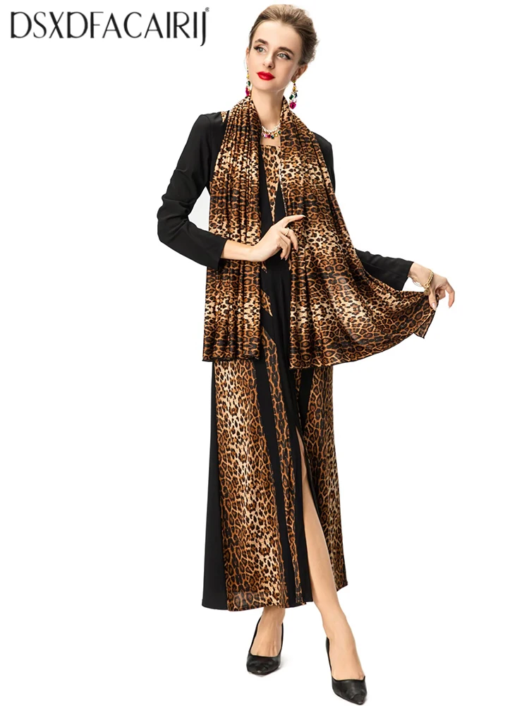 DSXDFACAIRIJ ليوبارد طباعة الخامس الرقبة فستان رصاص للنساء طويلة الأكمام الدانتيل متابعة شق أنيقة الخريف موضة الملابس النسائية