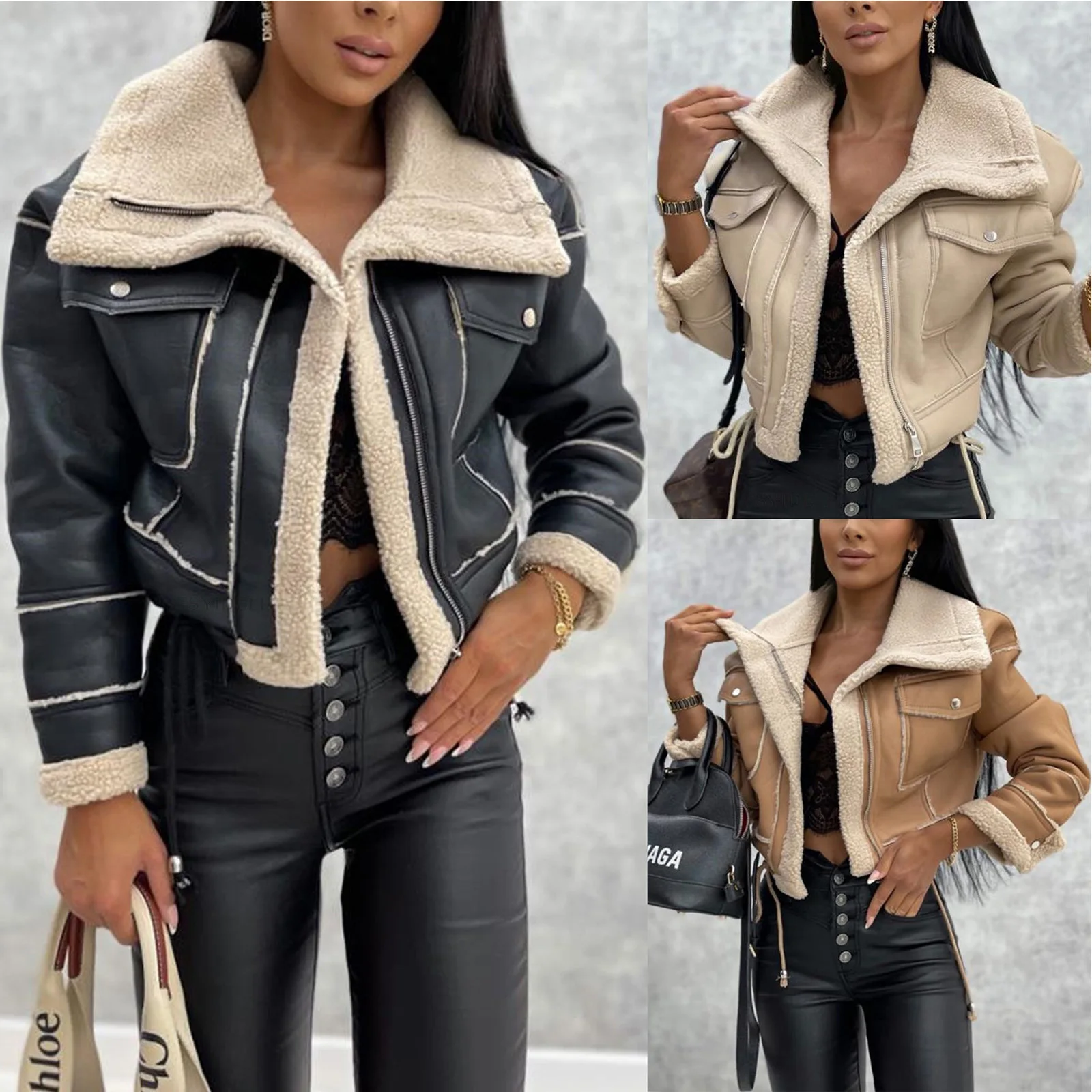 

Faux Leather Jackets Women PU Short Thick Warm Outwear Female Aviator Retro Lapel Velvet Coat New Winter Woman Tops Outerwear