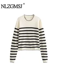 TRAF 2024 Autumn Winter New Women Striped Pullover Sweater Knitted Jumper Female O-Neck Soft Warm Tops Women's Clothes