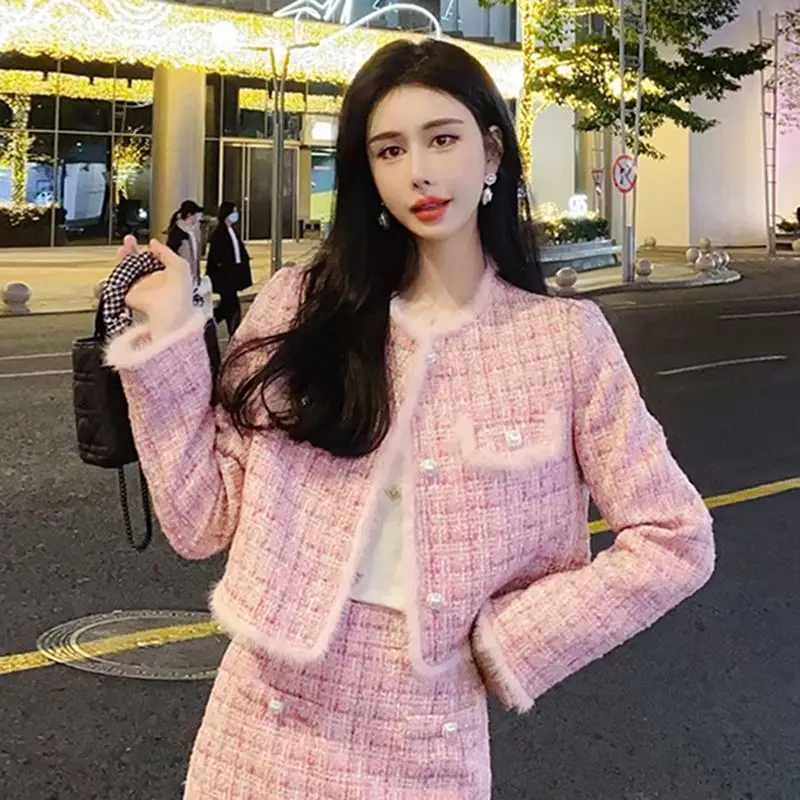 Winter Women\'s Tweed Suits Fashion Celebrity Senior Thickened Long Sleeve Short Tweed Blazer Jacket Mini Skirt 2pcs Matching Set