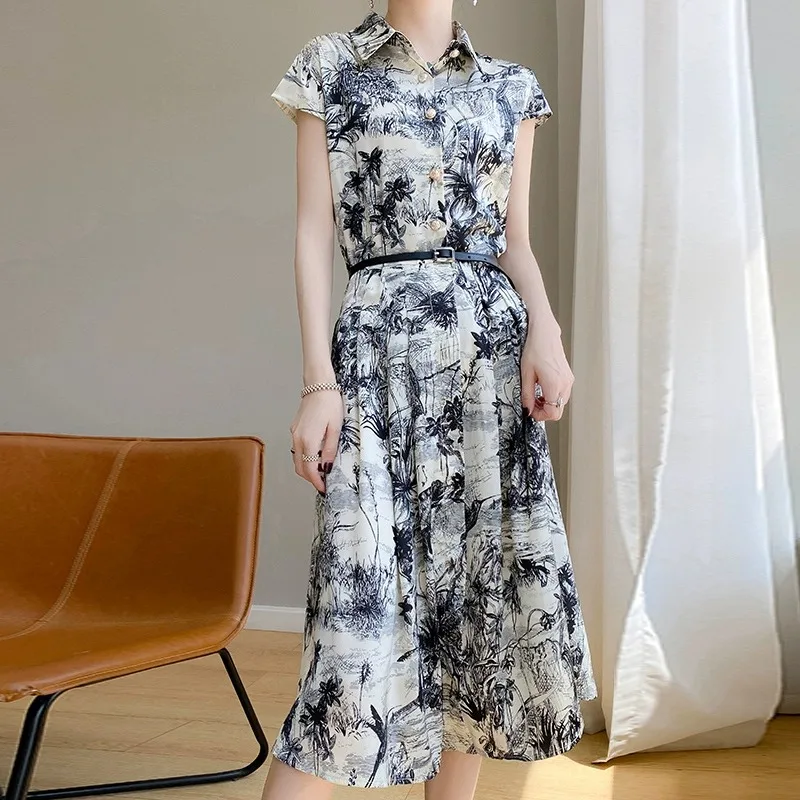 Ele Satijn Zijde irt Dr Losse aquarelprint ort Sve A-lijn Lange Dr Pendelen Sle ronde Ne Mid-taille rok