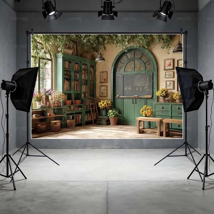 MOON.QG خمر مكتبة خضراء صورة خلفية الفصول الدراسية على مدار الساعة أرفف الكتب الخلفيات للتصوير الفوتوغرافي الديكور خلفية الحفلات