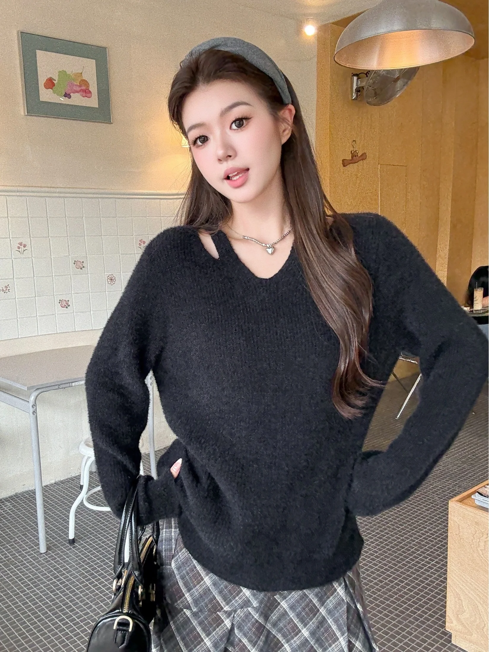 

plus Size Lazy Style Long Sleeve Knitted Sweater Hollow out Loose Slimming Design Autumn Winter New Arrival Women's Innerwear