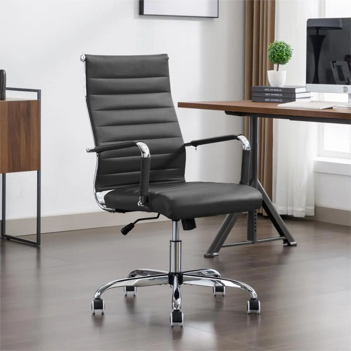 

Office Desk Chair Leather, Conference Room Chairs With Wheels, Executive Modern Ergonomic Ribbed Computer Chair(Obsidian)