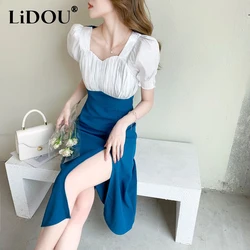 Summer Square Collar Folds Elegant Fashion Slit Dress Ladies Puff Short Sleeve Patchwork Waist Robe Women Sweet Casual Vestidos