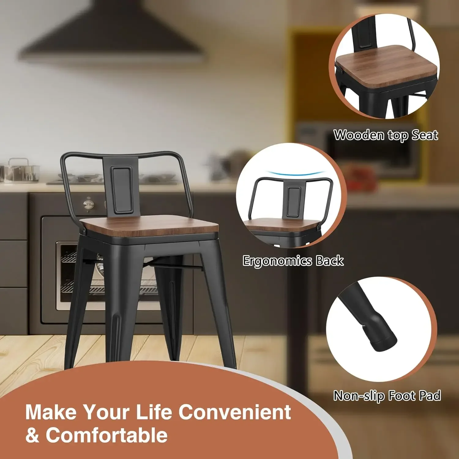 18 Inch Metal Bar Stools Counter Stool Modern Barstools Industrial Bar Stools Set of 4 (18 inch, Black)
