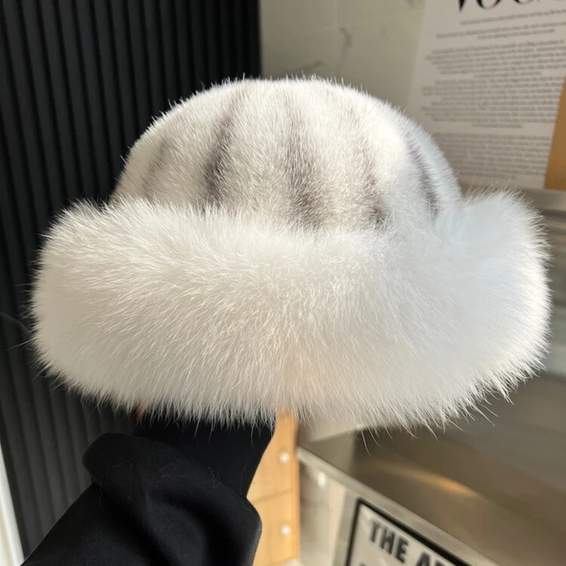 Real Mink Fur Hat for Women Winter Natural Mink Fur Hat with Fox Fur Brim Female Fashion Fisherman Hat Thicked Fur Biker Hat