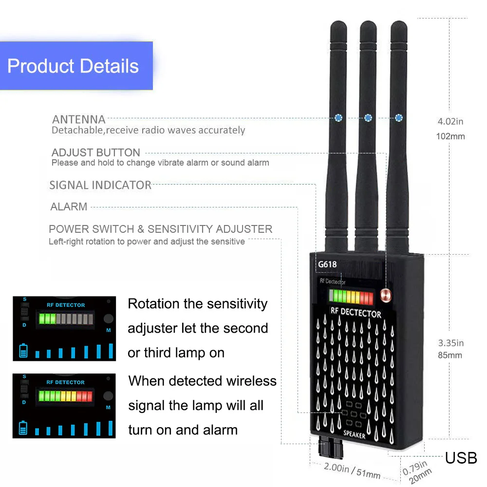 Wireless RF Signal Detector Anti Candid Cameras Full Range Signal Bug Finder GPS Locator Tracker Detects Scanner Three Antennas