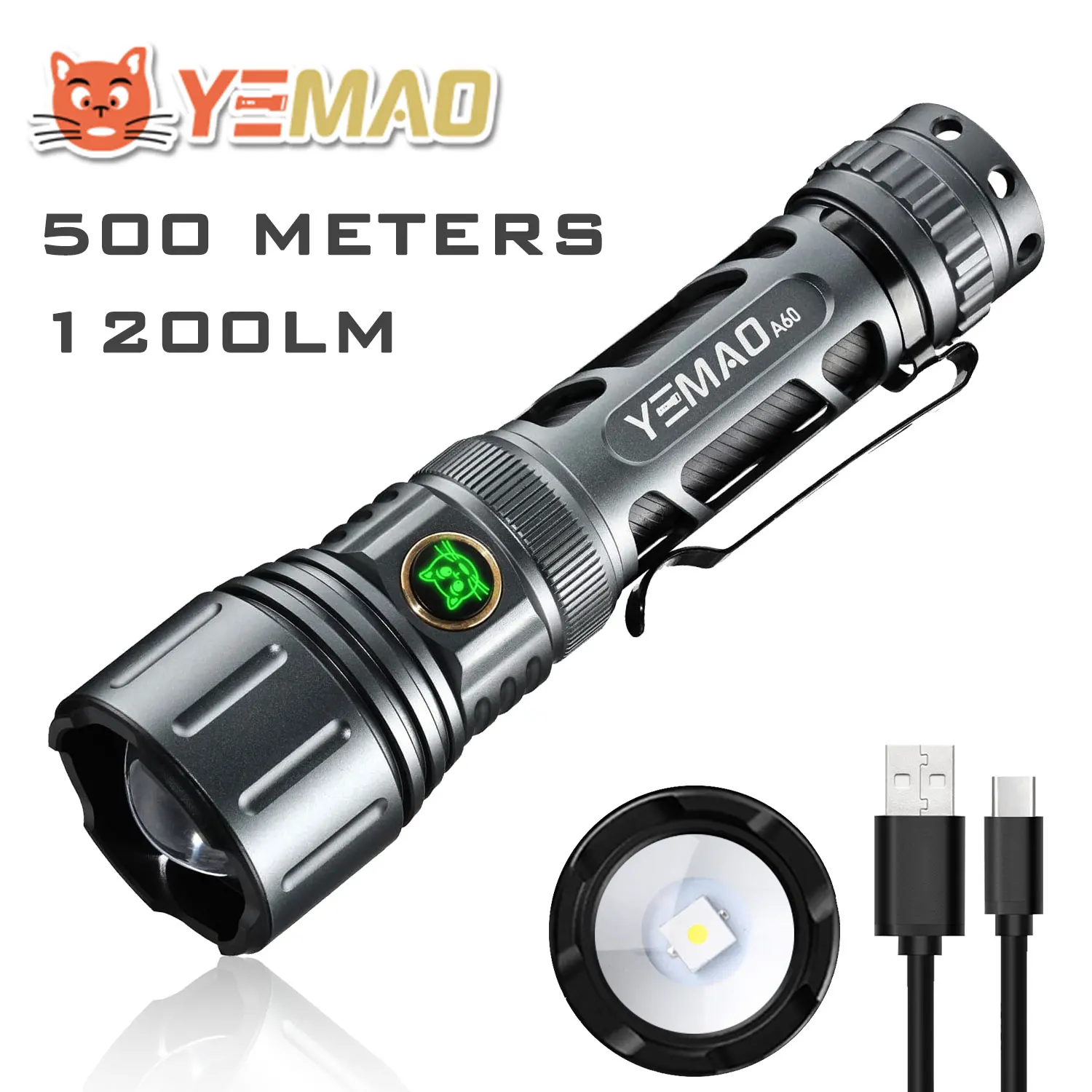 

YEMAO A60 1200LM Rechargeable LED Tactical Flashlight, 7 Modes, Aluminum Allo Adjustable Focus Flashlight, 18650 Battery