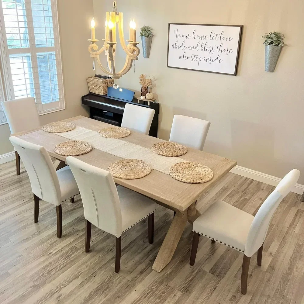 A set of 6 fabric dining chairs, high back cushion with nail edges and solid wood legs, classic Parsons side chairs - beige