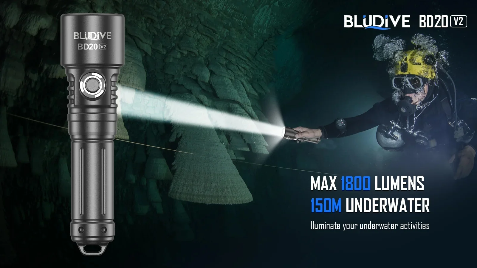 BLUDIVE BD20 V2 Diving Flashlight 1800LM Luminus SFT25R LED 150m Underwater IPX8 Waterproof 641m Long Throw Scuba Dive Torch