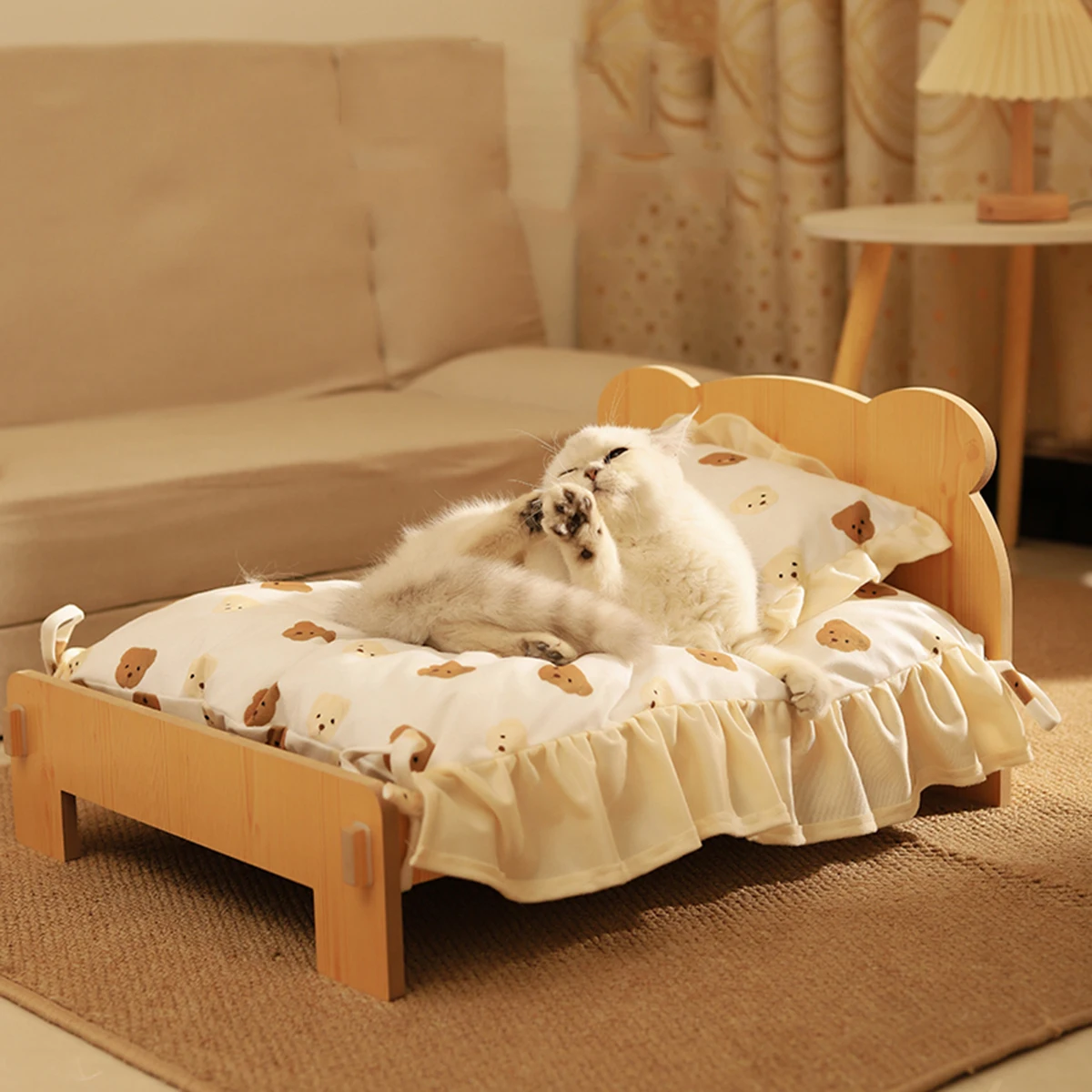 Cama de madera para gatos y perros con patrón de oso de peluche, muebles para mascotas de interior, cama de piso a techo (20x11 pulgadas), cómoda y duradera