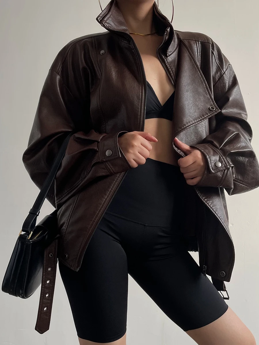 Acupstudio jiangyou superior americano retro gola dupla grande marca de couro jaet feminino solto outerwear outono high-end sentir