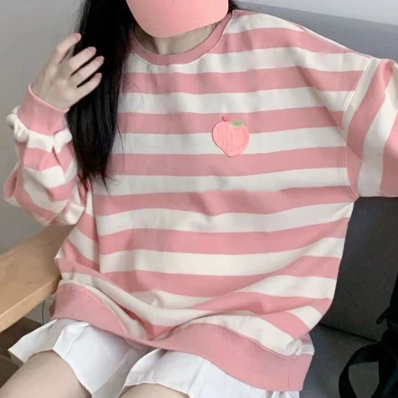 

O-neck Hoodies Women Peach-embroidery Pink Striped Sweatshirt Harajuku Sweet Fall Newly Trendy Kpop Casual Simple Chic Loose Ins