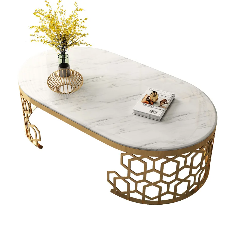 

Modern luxury tea table golden stainless steel coffee table with marble top