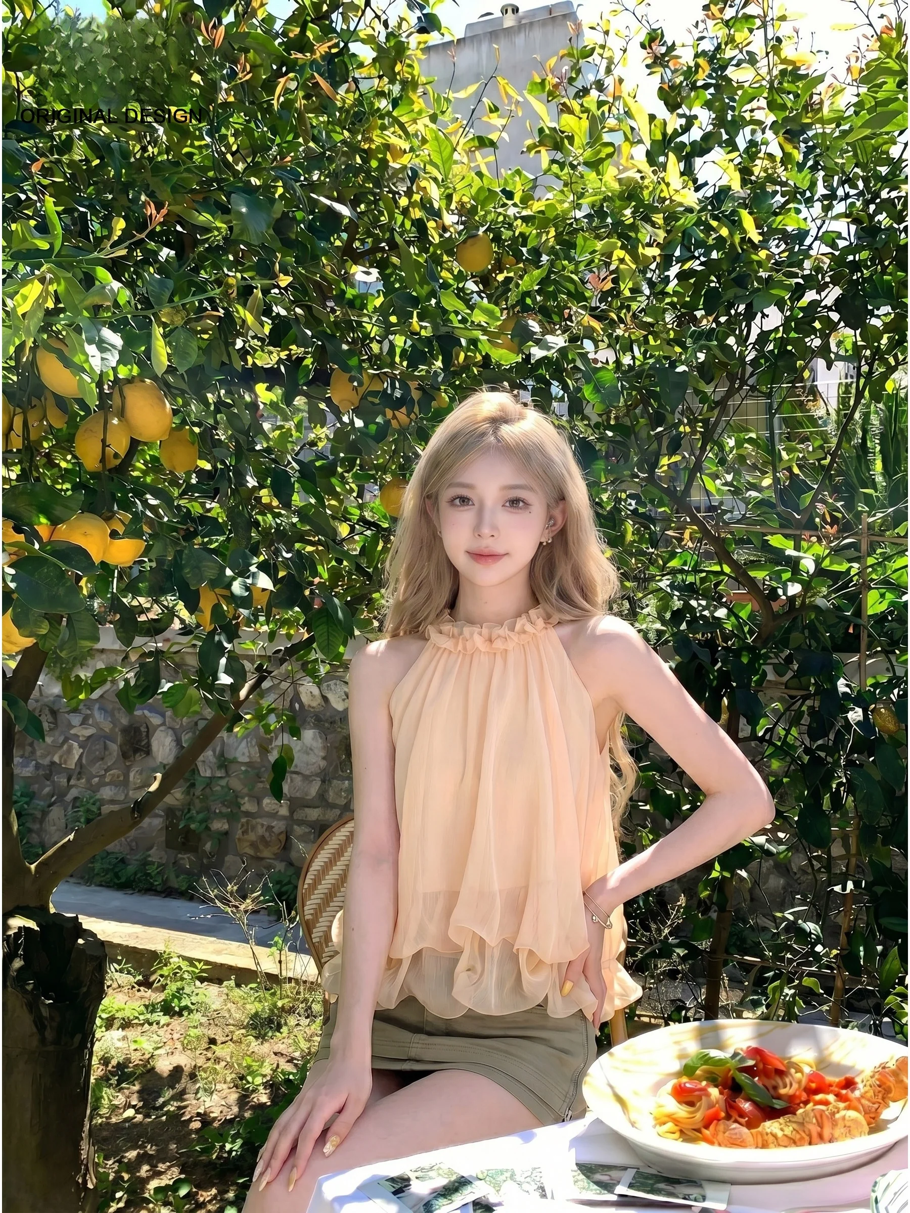 Orange Pink Wood Grain Ruffle Neck Strap Vest Women's New 2026 Summer Anti-Aging Slimming Gentle Sweet Top Women's Fashion