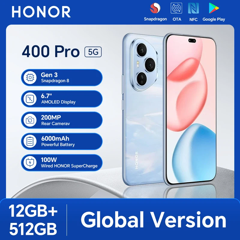 HONOR 400 Pro Global Version 5G Smartphone 12GB+512GB 6.7'' 120Hz AMOLED Display 200MP AI Main Camera 100W SuperCharge eSIM NFC