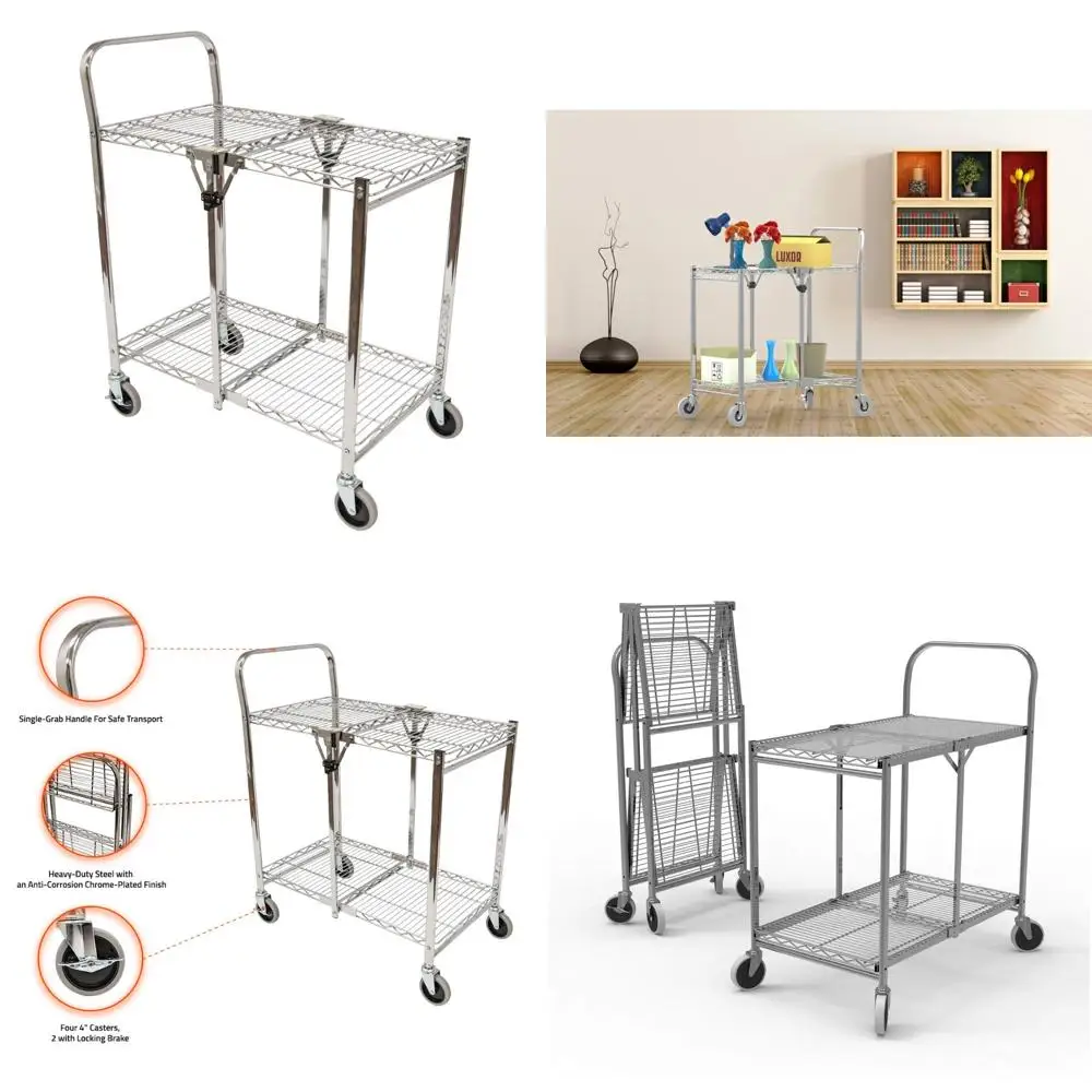 عربة سلكية قابلة للطي ثنائية الرف من Luxor WSCC-2 مع عجلات للاستخدام عالي التحمل، تدعم 200 رطل، وتخزين مدمج #1