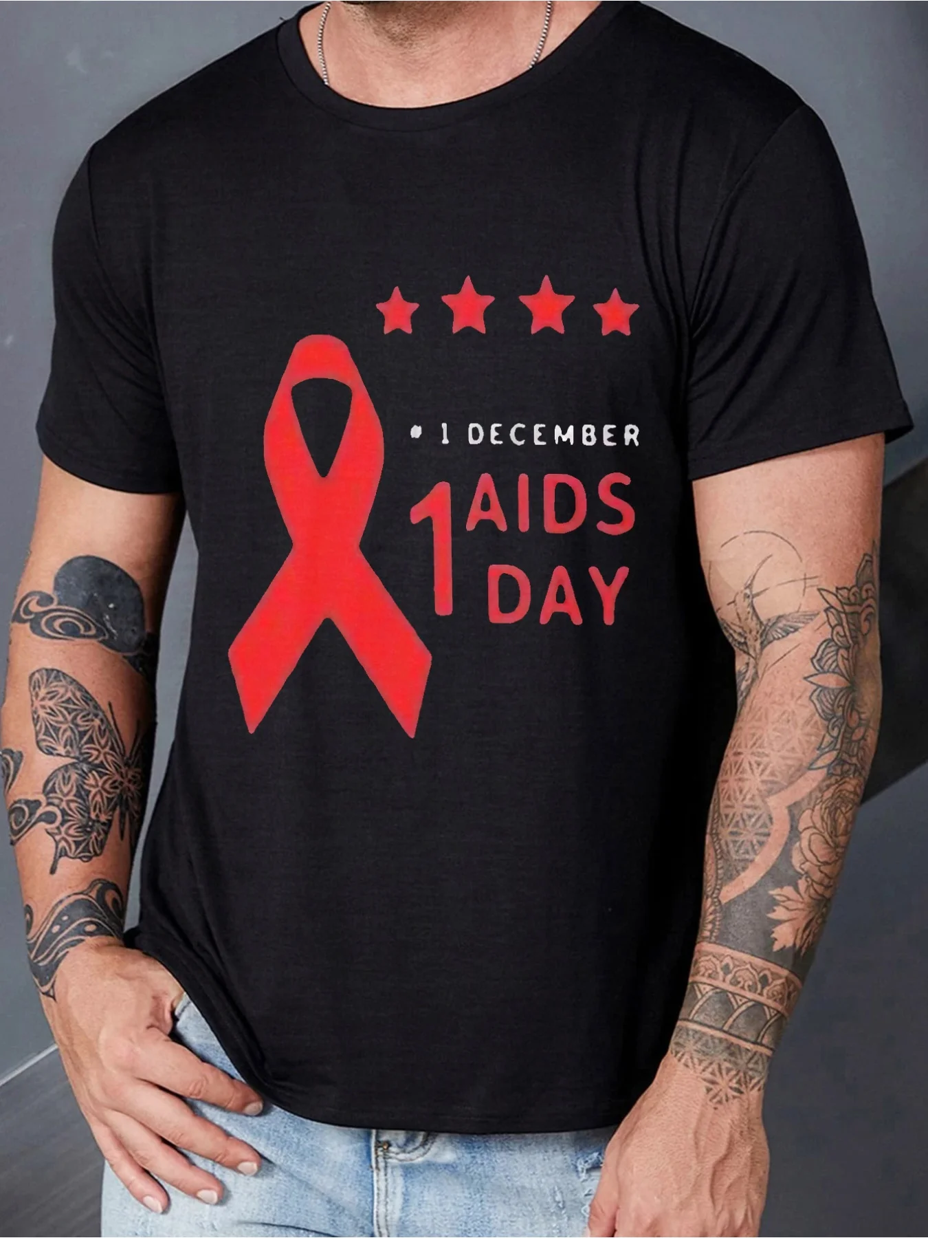 Men'S Aids Awareness Red Ribbon And Stars Graphic Crew Neck T-Shirt | Breathable Short Sleeve, Machine Washable, Casual Top For